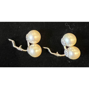VTG Double Faux Pearl Earrings Clip On Silver Tone Metal